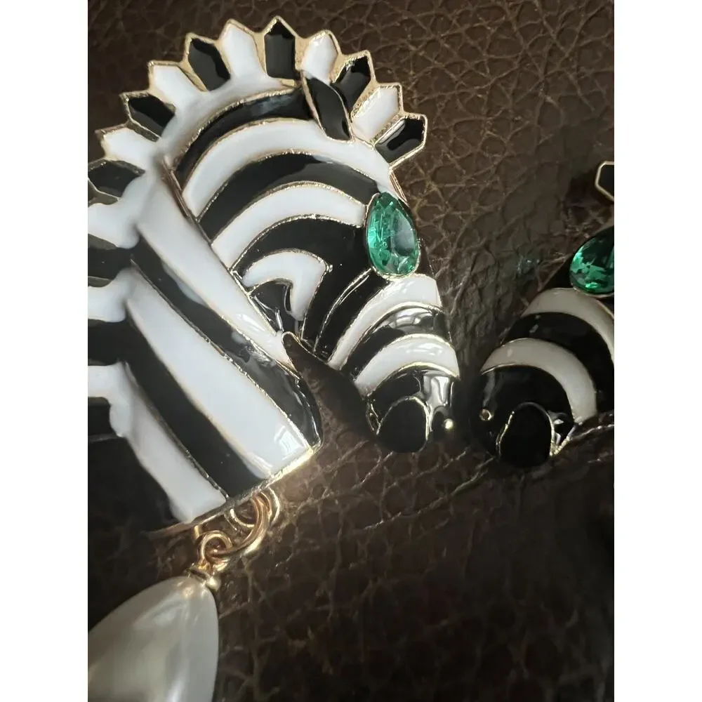 Zebra Head Earrings Zara Striped Gold Plated Enamel Dangle Boho Animal Horse CZ